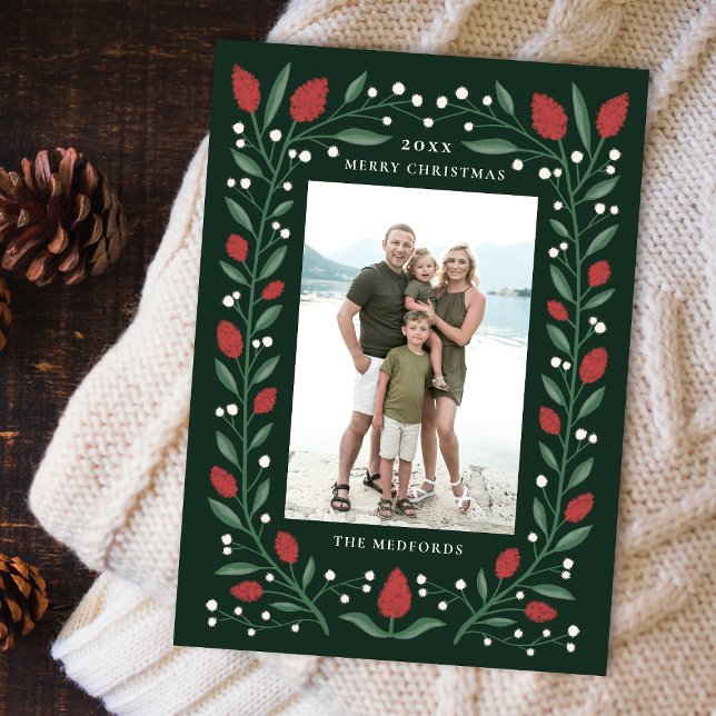 Cartes Pour Fêtes Annuelles Cadre floral classique photo de Noël | Vert (Créateur téléchargé)