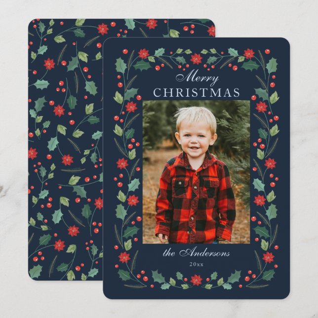 Cartes Pour Fêtes Annuelles Cadre floral de Noël Photo Marine (Devant / Derrière)