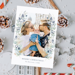 Cartes Pour Fêtes Annuelles Cadre Floral d'hiver Dusty Blue Photo