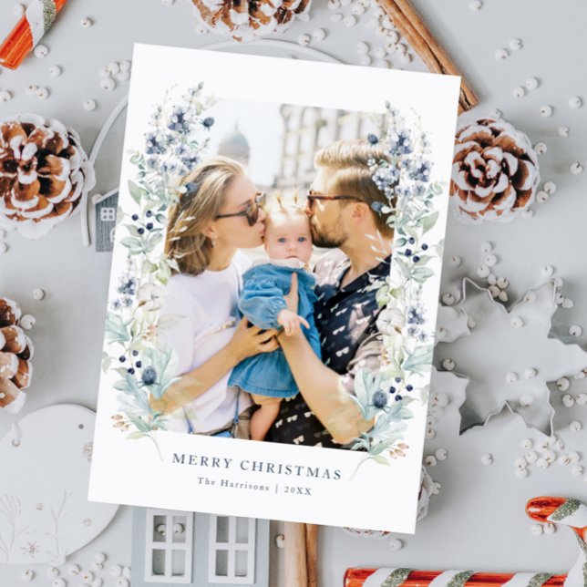 Cartes Pour Fêtes Annuelles Cadre floral hivernal bleu poussiéreux Photo (Créateur téléchargé)