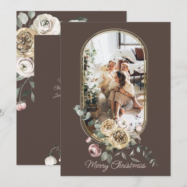 Cartes Pour Fêtes Annuelles Cadre Floral Noël Fête Photo personnalisée (Devant / Derrière)