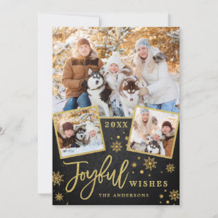 Cartes Pour Fêtes Annuelles Cadre Or Joyeux Script moderne 3 PHOTO Salutation