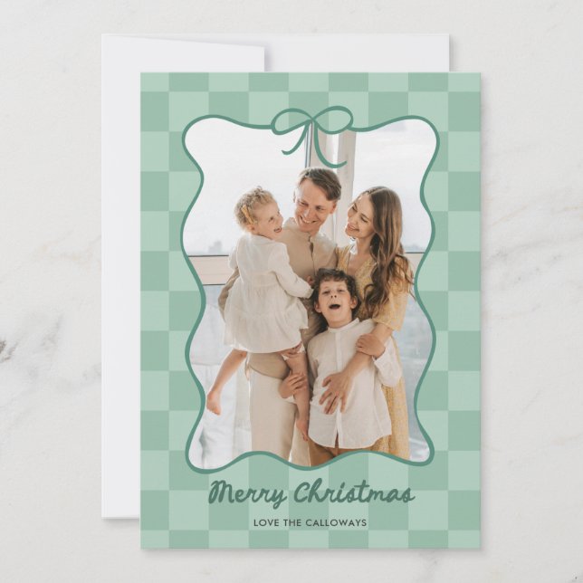Cartes Pour Fêtes Annuelles Cadre Photo à Carreaux à Arc Vert Dessiné à la Mai (Devant)