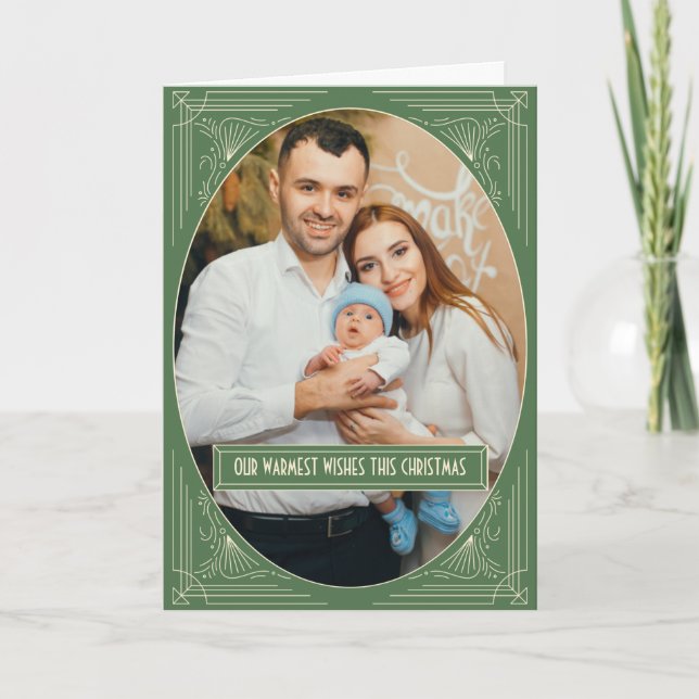 Cartes Pour Fêtes Annuelles Cadre Vert Art Déco Chic Photo personnalisée Noël (Devant)
