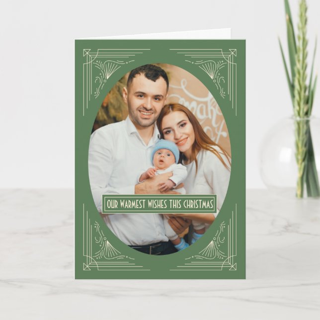 Cartes Pour Fêtes Annuelles Cadre Vert Art Déco Chic Photo personnalisée Noël  (Devant)