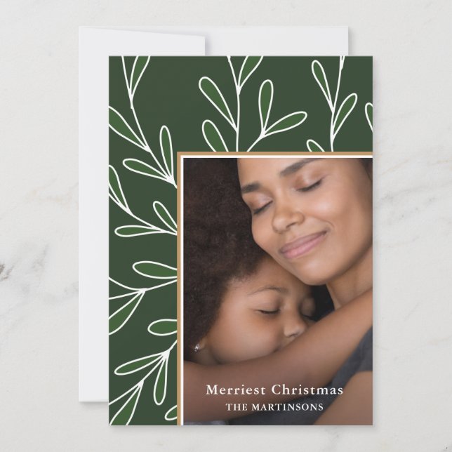 Cartes Pour Fêtes Annuelles Cadre vert feuillu Photo Joyeux Noël (Devant)