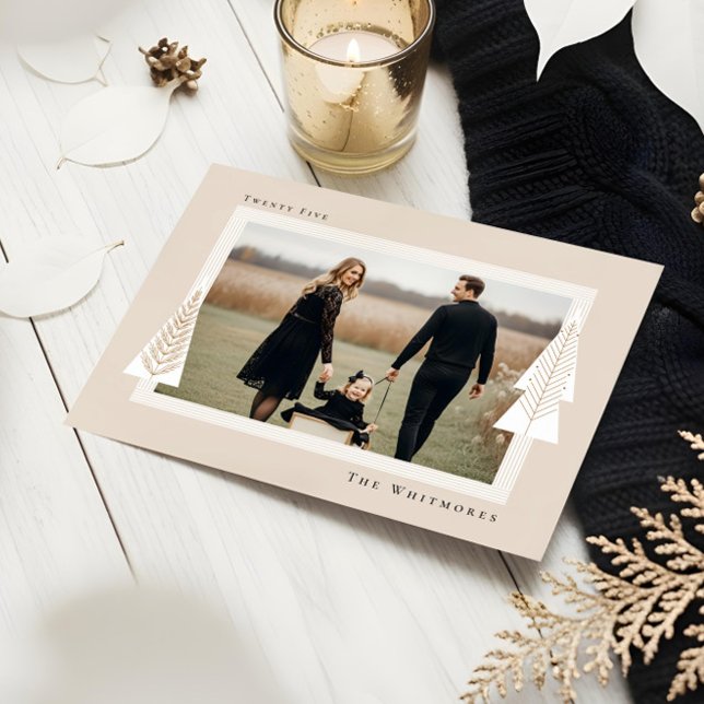 Cartes Pour Fêtes Annuelles Cadres en bande moderne À feuillage persistant Arb (Modern Stripe Frame Evergreen Christmas Tree Photo Holiday Card)