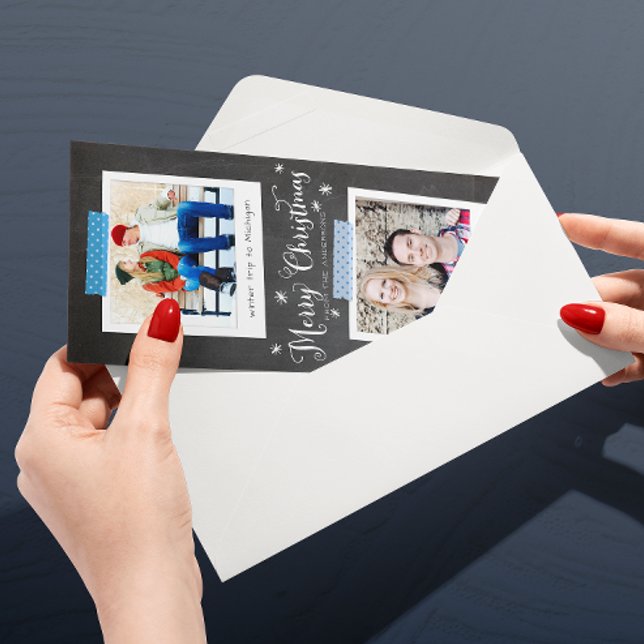 Cartes Pour Fêtes Annuelles Cadres photo Bleu Washi et tableau noir (Skinny two-photo Christmas card with ice blue Washi tapes and chalkboard lettering)
