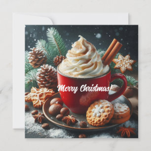 Cartes Pour Fêtes Annuelles Café chaud hivernal fouetté dans une tasse rouge 