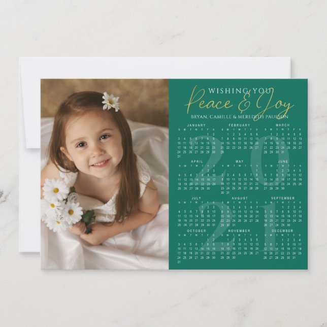 Cartes Pour Fêtes Annuelles Calendrier 2021 PAIX minimum JOIE photo vert (Devant)