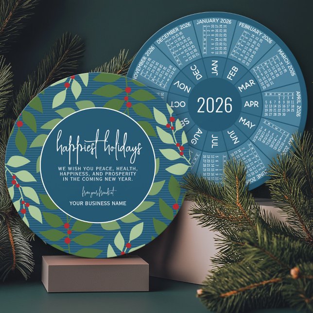 Cartes Pour Fêtes Annuelles Calendrier 2023 - Bleu Vert Botanique le plus heur (2026 Calendar on a Business Holiday Card)