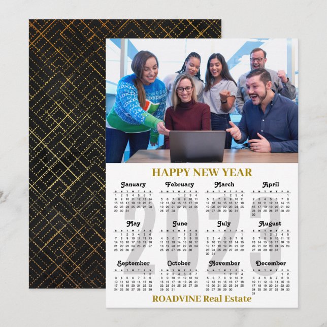 Cartes Pour Fêtes Annuelles Calendrier 2023 Business Modern Gold Black Script (Devant / Derrière)