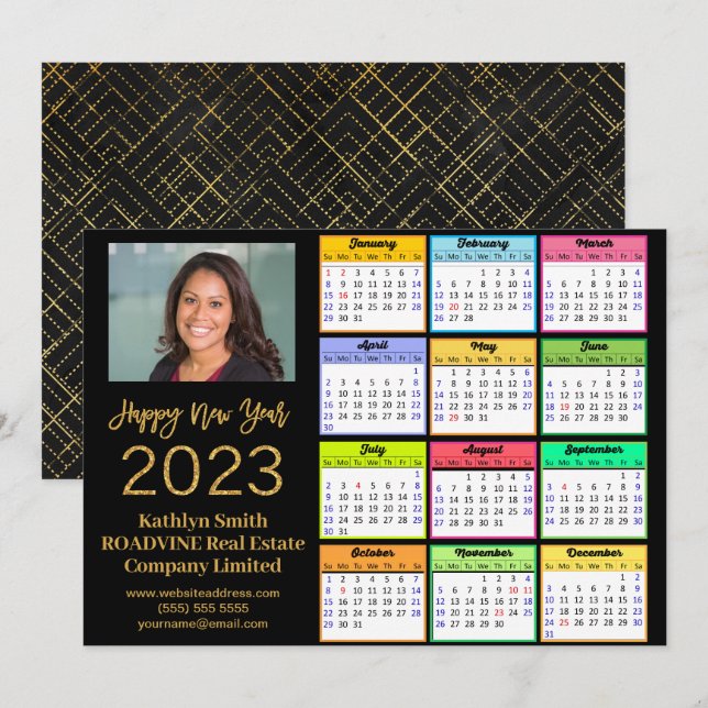 Cartes Pour Fêtes Annuelles Calendrier 2023 Business Modern Gold Script Photo (Devant / Derrière)