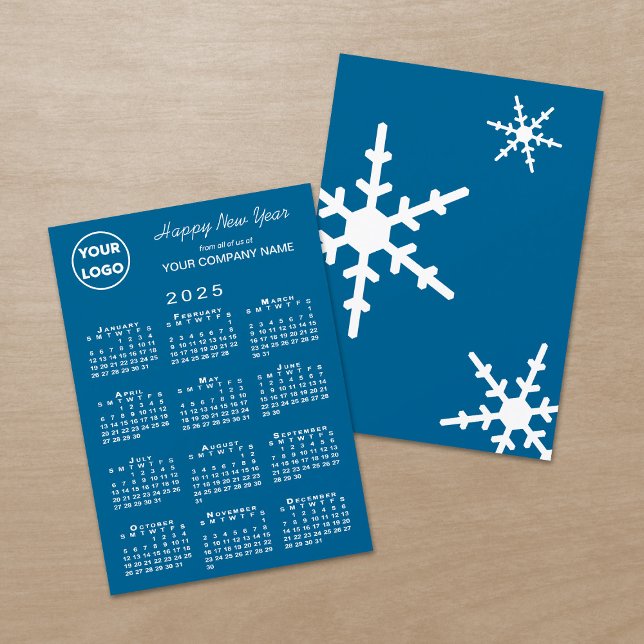 Cartes Pour Fêtes Annuelles Calendrier 2025 Business Logo Blue Snowflake (2025 Calendar Business Logo Blue Snowflake Holiday Card, front/back)