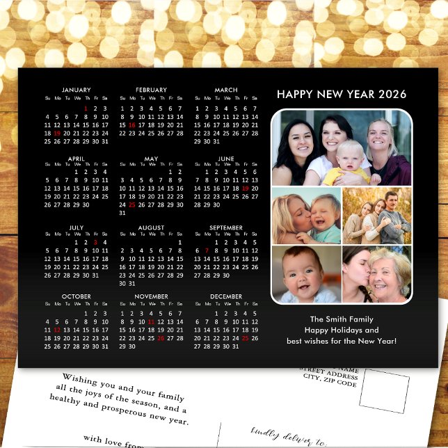 Cartes Pour Fêtes Annuelles Calendrier 2025 Famille Photo Noir moderne minimal (Créateur téléchargé)