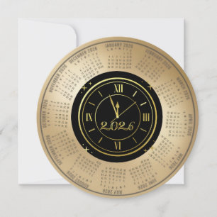 Cartes Pour Fêtes Annuelles Calendrier 2026 Noir et Or Horloge du Nouvel An
