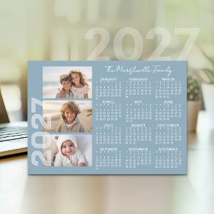 Cartes Pour Fêtes Annuelles Calendrier 2027 3 Photos Bleu Minimal Basique