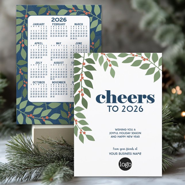 Cartes Pour Fêtes Annuelles Calendrier CHEERS - vert bleu - logo de l'entrepri (2026 Calendar on a Business Holiday Card)