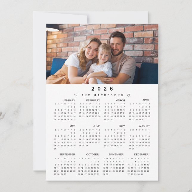 Cartes Pour Fêtes Annuelles Calendrier complet de l'année 2026 avec photo (Devant)