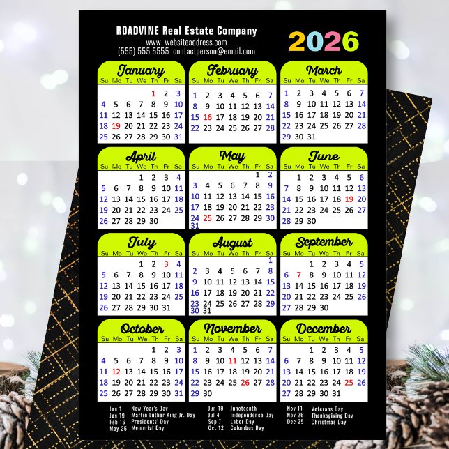 Cartes Pour Fêtes Annuelles Calendrier d'entreprise 2026 Black Green Minimalis (Créateur téléchargé)