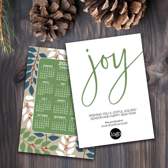 Cartes Pour Fêtes Annuelles Calendrier - JOIE moderne bleu vert - Logo d'entre (Holiday Card for Your Business - Add a Logo with a Calendar on the back)