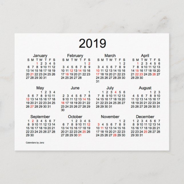Cartes Pour Fêtes Annuelles Calendrier Mini 2019 avec Jours Fériés (Devant)
