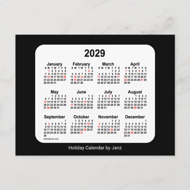Cartes Pour Fêtes Annuelles Calendrier mini-vacances noir 2029 par Janz (Devant)