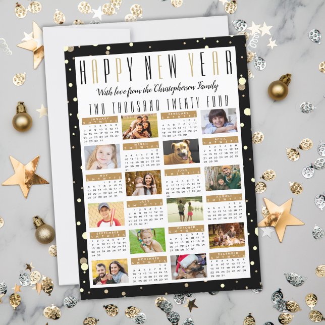 Cartes Pour Fêtes Annuelles Calendrier moderne 2024 Black Gold 12 Photo Collag (Créateur téléchargé)