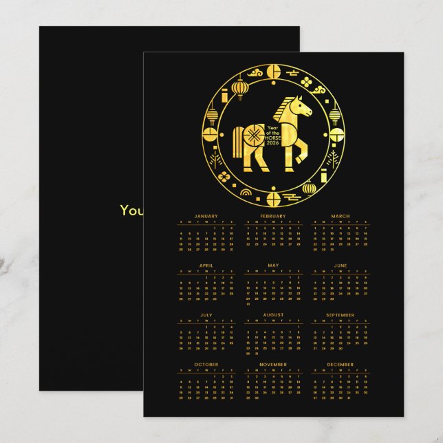 Cartes Pour Fêtes Annuelles Calendrier Or Nouvel An Chinois 2026 (Devant / Derrière)