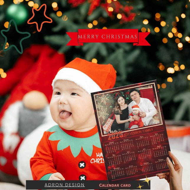 Cartes Pour Fêtes Annuelles Calendrier photo de la famille rouge 2025 (2025 Elegant Red Family Photo Calendar Holiday Card)
