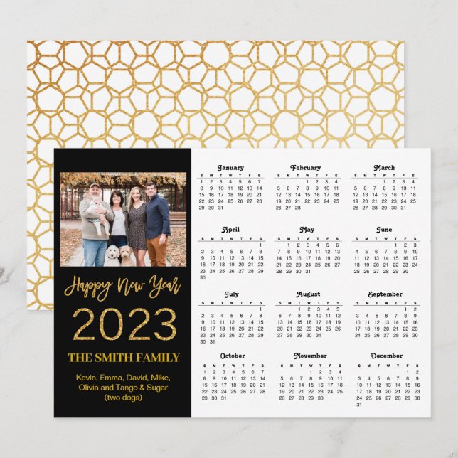 Cartes Pour Fêtes Annuelles Calendrier photo du script de Parties scintillant  (Devant / Derrière)