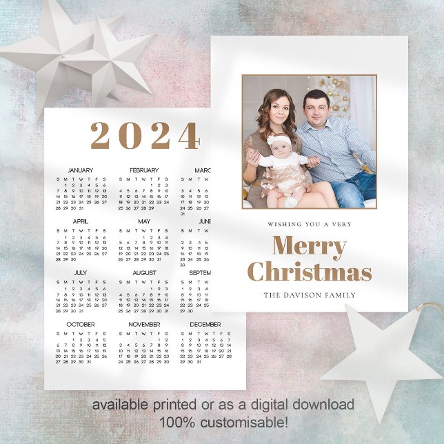 Cartes Pour Fêtes Annuelles Calendrier photo moderne 2024 Joyeux Noël (Front and back view. Available digitally or printed)