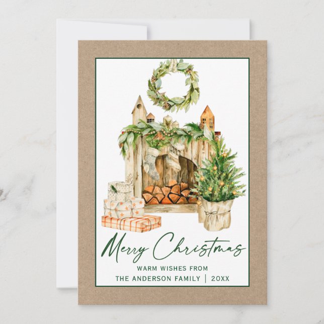 Cartes Pour Fêtes Annuelles Calliage Vert encre Aquarelle Noël Kraft (Devant)