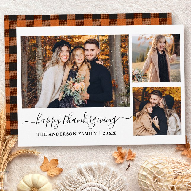 Cartes Pour Fêtes Annuelles Calligraphie 3 Photos Thanksgiving Orange Plaid (Customize to change text size or style.)