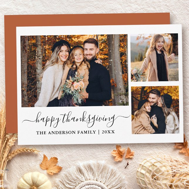Cartes Pour Fêtes Annuelles Calligraphie 3 Photos Thanksgiving Terracotta (Customize to change text size, text style or color of back of card.)