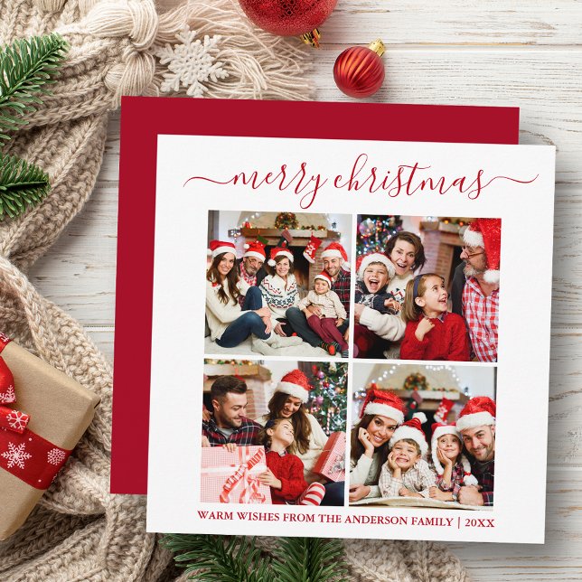 Cartes Pour Fêtes Annuelles Calligraphie 4 Photo Carré de Noël Rouge (Customize to change text size or text style.)