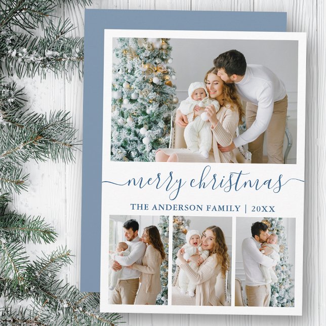 Cartes Pour Fêtes Annuelles Calligraphie 4 Photo Dusty Blue Joyeux Noël (Customize to add text to back of card.)