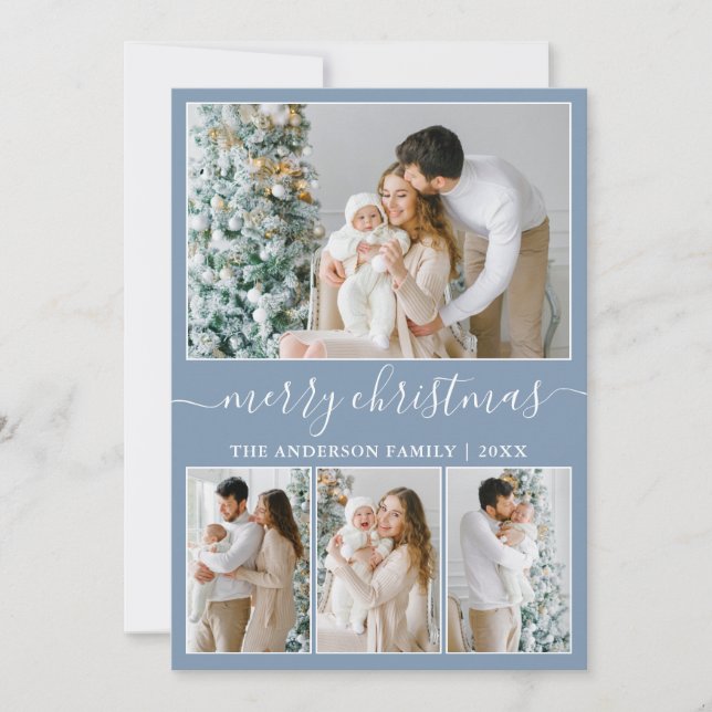Cartes Pour Fêtes Annuelles Calligraphie 4 Photo Joyeux Noël Dusty Bleu (Devant)