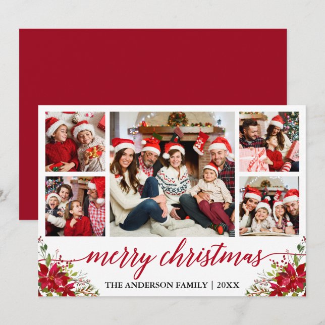 Cartes Pour Fêtes Annuelles Calligraphie 5 Photo Famille Noël Poinsettia (Devant / Derrière)