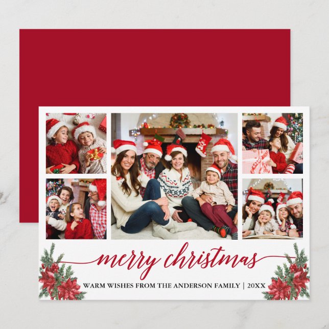 Cartes Pour Fêtes Annuelles Calligraphie 5 Photo Noël Poinsettia Pines (Devant / Derrière)