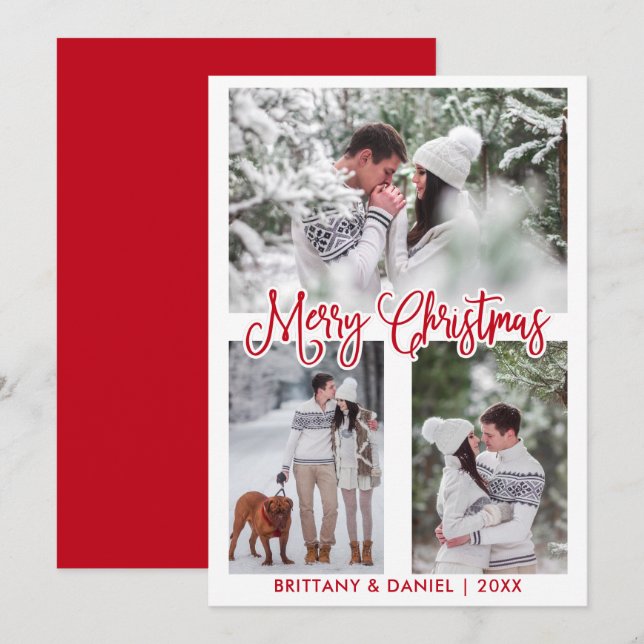 Cartes Pour Fêtes Annuelles Calligraphie amusante 3 Photo Couple Noël Fête Rou (Devant / Derrière)