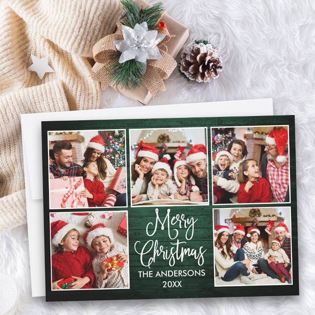 Cartes Pour Fêtes Annuelles Calligraphie amusante Bois vert 5 Photo Noël (Customize to add text to back of card.)