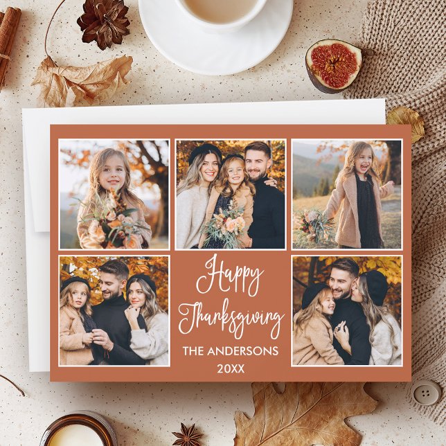 Cartes Pour Fêtes Annuelles Calligraphie amusante Terracotta 5 Photo Thanksgiv (Customize to add text to back of card.)
