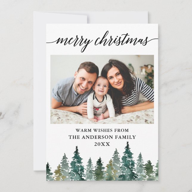 Cartes Pour Fêtes Annuelles Calligraphie Aquarelle Pine Arbres Photo Noël (Devant)