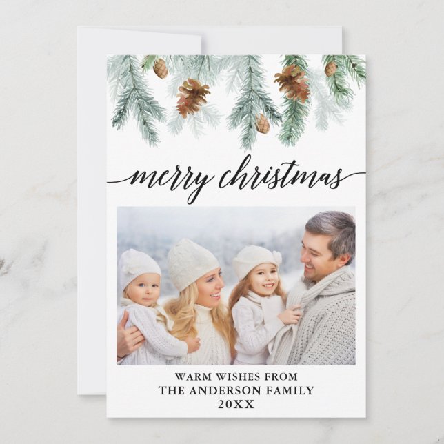 Cartes Pour Fêtes Annuelles Calligraphie Aquarelle Pine Cônes Photo Noël (Devant)