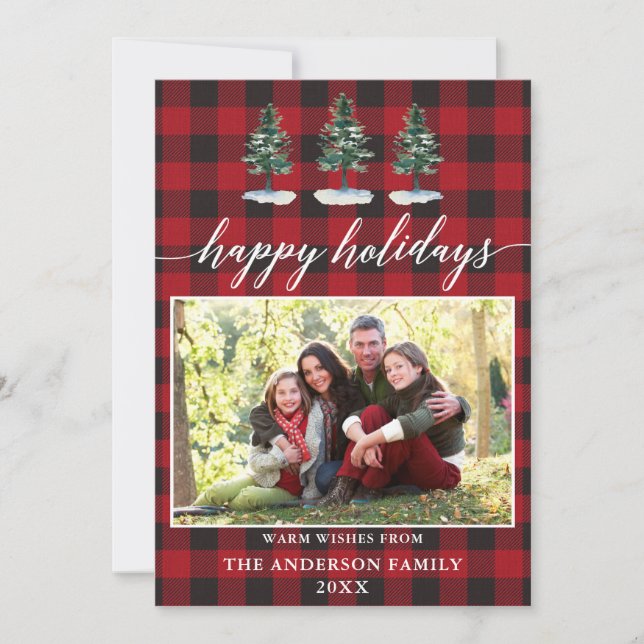 Cartes Pour Fêtes Annuelles Calligraphie Aquarelle Pins Plaid Photo Famille (Devant)