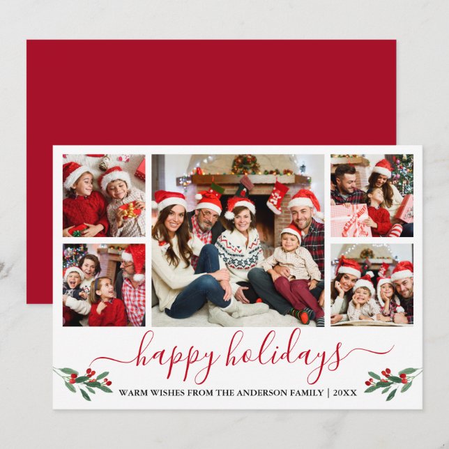 Cartes Pour Fêtes Annuelles Calligraphie Aquarelle Rouge Holly 5 Photo (Devant / Derrière)