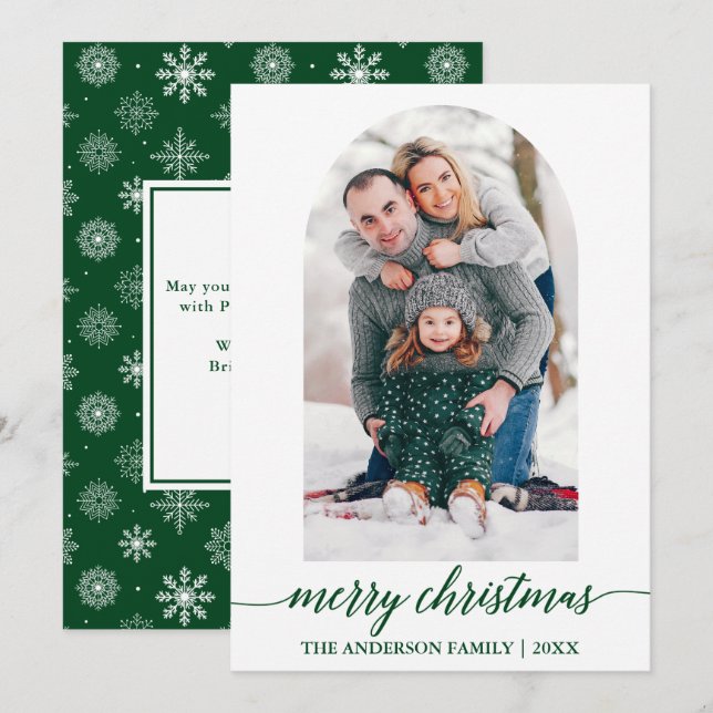 Cartes Pour Fêtes Annuelles Calligraphie Arche photo Noël Snowflakes Green (Devant / Derrière)