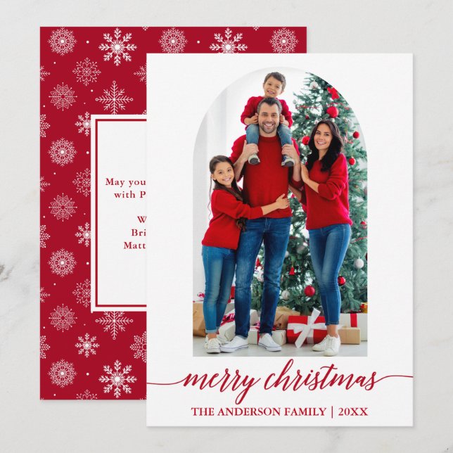 Cartes Pour Fêtes Annuelles Calligraphie Arche photo Noël Snowflakes Rouge (Devant / Derrière)