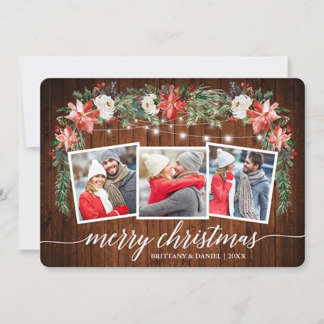 Cartes Pour Fêtes Annuelles Calligraphie Bois 3 Photo Aquarelle Hiver Floral (Devant)